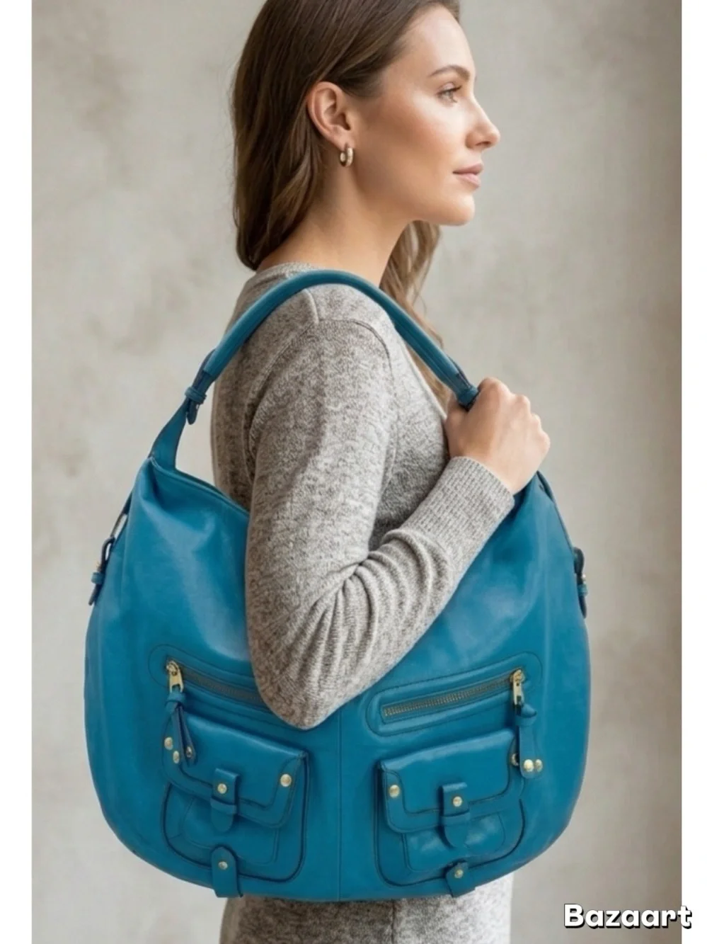 London Fog Teal Leather Hobo with Front Pockets genuine leather